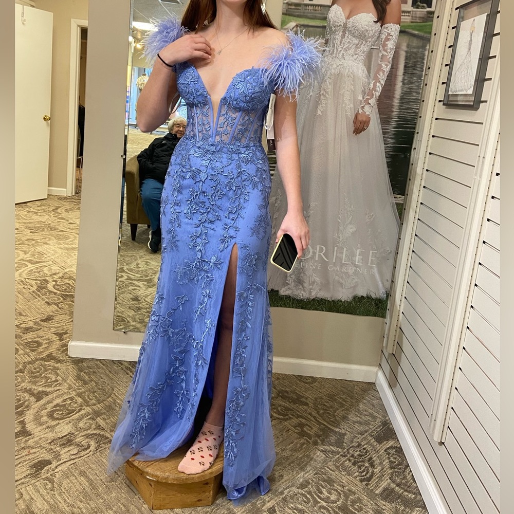 Sherri Hill periwinkle dress, Corset bodice, small train that has been bustled